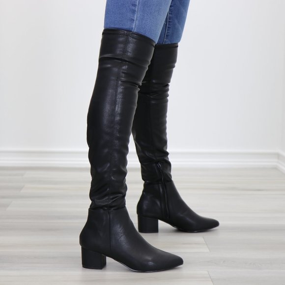 Pointy Toe Over The Knee Black Boots Faux Leather - Picture 8 of 15